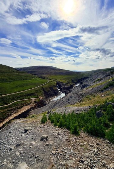 A gravel path dropping toward a braided glacial river in a shallow canyon